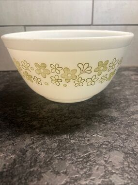 Vintage #402 Pyrex White Mixing Bowl with Olive Green Floral Band